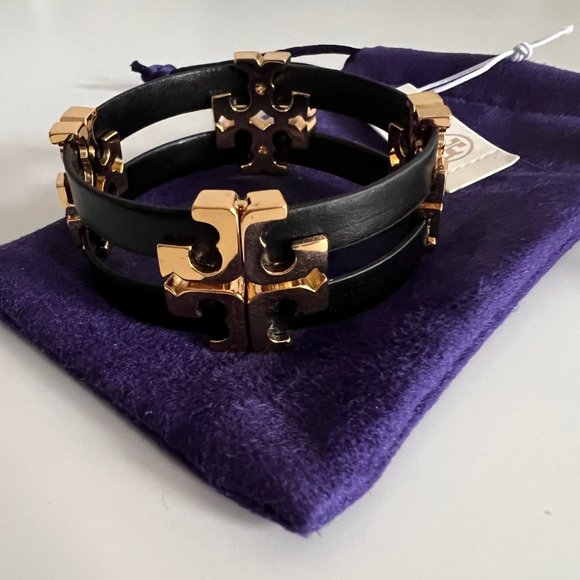 TORY BURCH SERIF T STACKED LEATHER BRACELET BLACK/GOLD - Picture 7 of 12